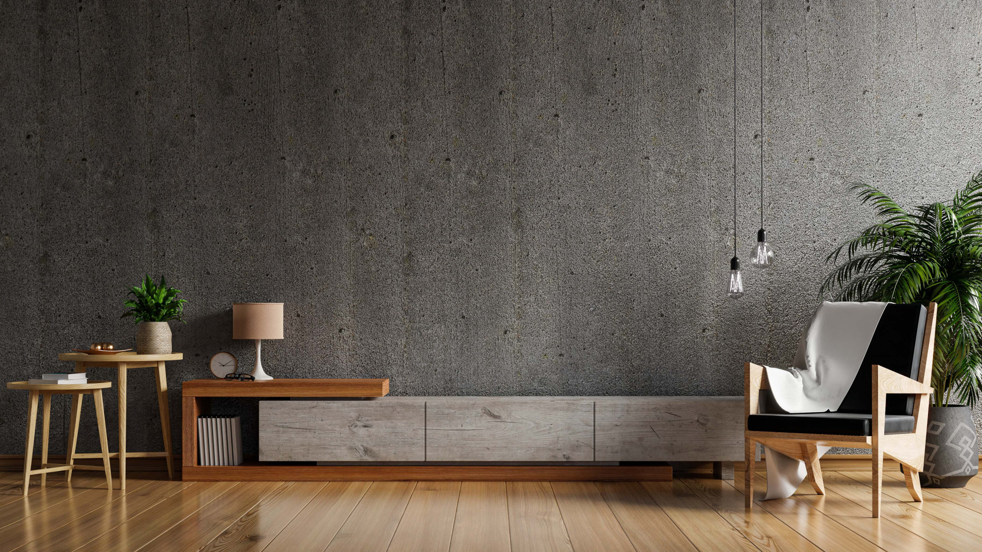 CABINETTVINMODERNLIVINGROOMWITHARMCHAIRANDPLANT